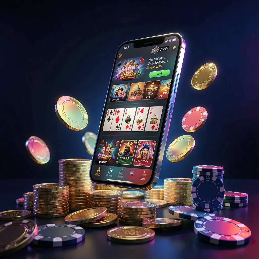 Renderizado 3D realista de un teléfono flotando sobre monedas doradas y fichas de póquer con un brillo neón cinematográfico sobre un fondo azul oscuro y negro, promocionando la aplicación de casino en línea TODOWIN