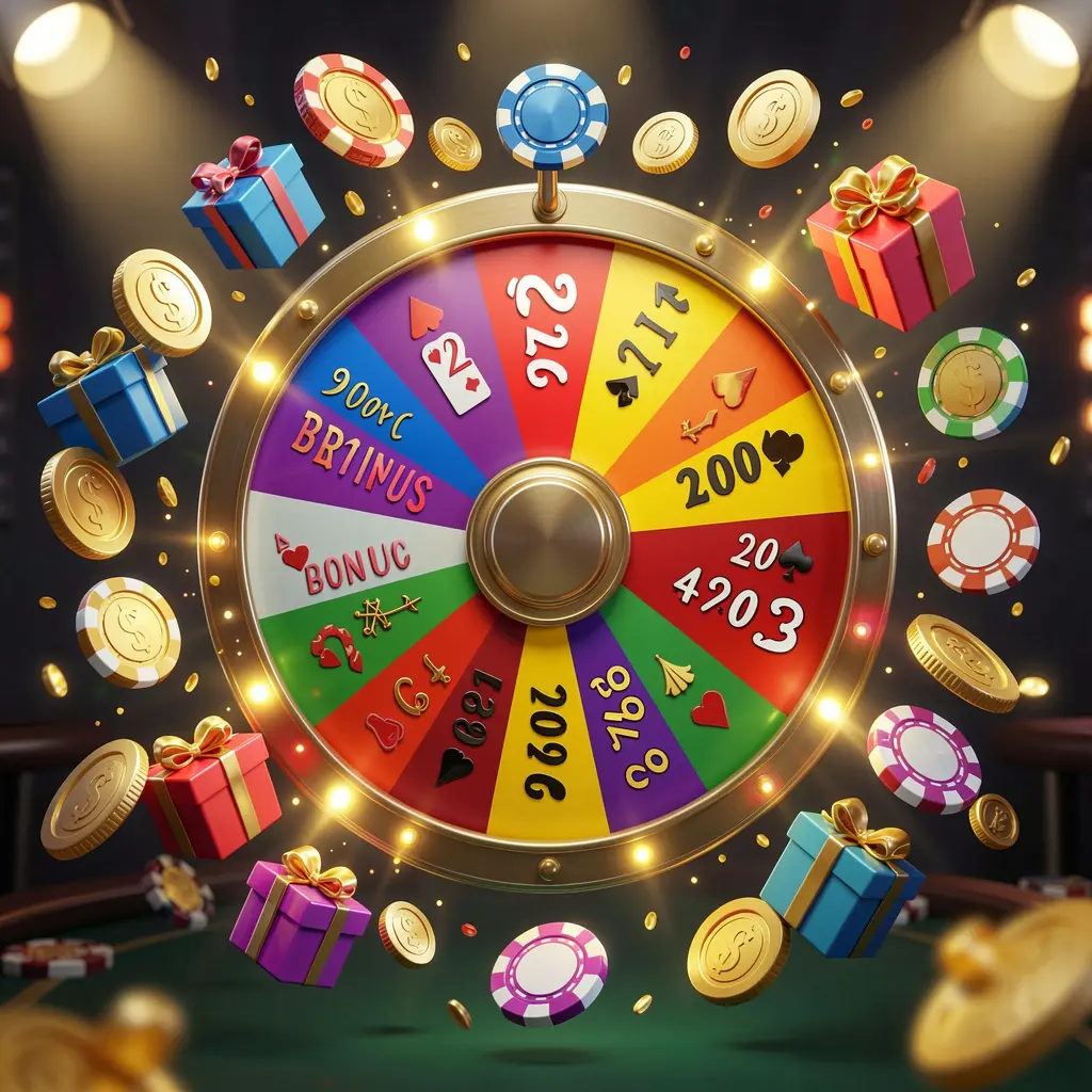 Rueda de bonos del casino en línea TODOWIN con una colorida rueda de premios rodeada de monedas doradas, fichas y cajas de regalo, luces de casino brillantes que crean una emocionante atmósfera de premio mayor sobre un fondo oscuro
