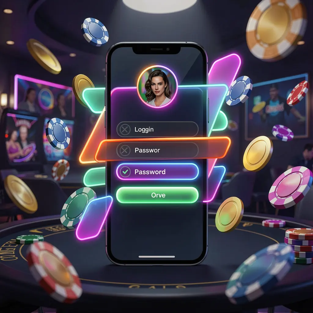 Pantalla de inicio de sesión del casino móvil TODOWIN con formas abstractas de interfaz de usuario para los campos de perfil de usuario y contraseña, efectos de brillo neón, fichas y monedas volando alrededor en una atmósfera de casino prémium oscura