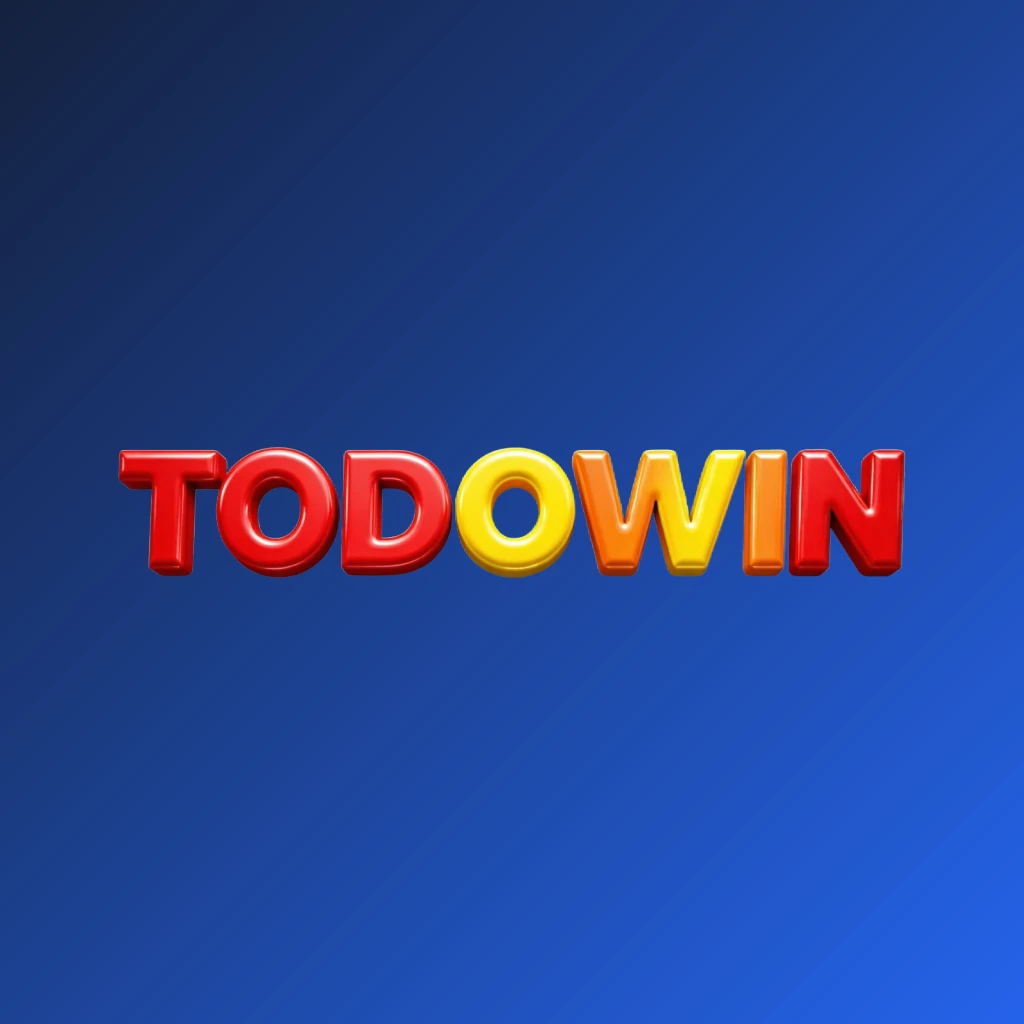 Diseño de logotipo vibrante de TODOWIN con tipografía gruesa y audaz en rojo brillante, amarillo y naranja con un efecto 3D brillante, mostrando una identidad de marca moderna y enérgica sobre un fondo transparente en una marca denominativa rectangular horizontal ancha ideal para el encabezado de un sitio web