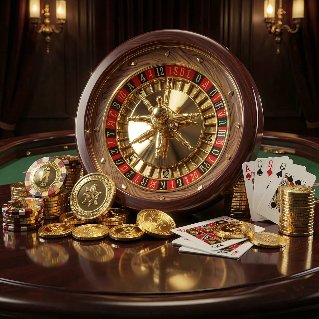 Escena de casino en línea prémium de TODOWIN con monedas doradas, fichas brillantes, una rueda de ruleta y cartas de juego sobre una mesa brillante con un elegante fondo oscuro en un renderizado 3D realista de alto detalle